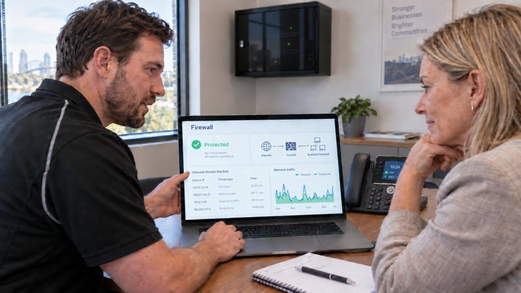 Business owner and IT technician reviewing managed firewall protection