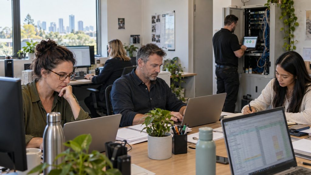 Employees working while an IT technician performs preventative maintenance on office systems