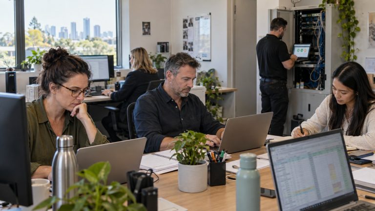 Employees working while an IT technician performs preventative maintenance on office systems