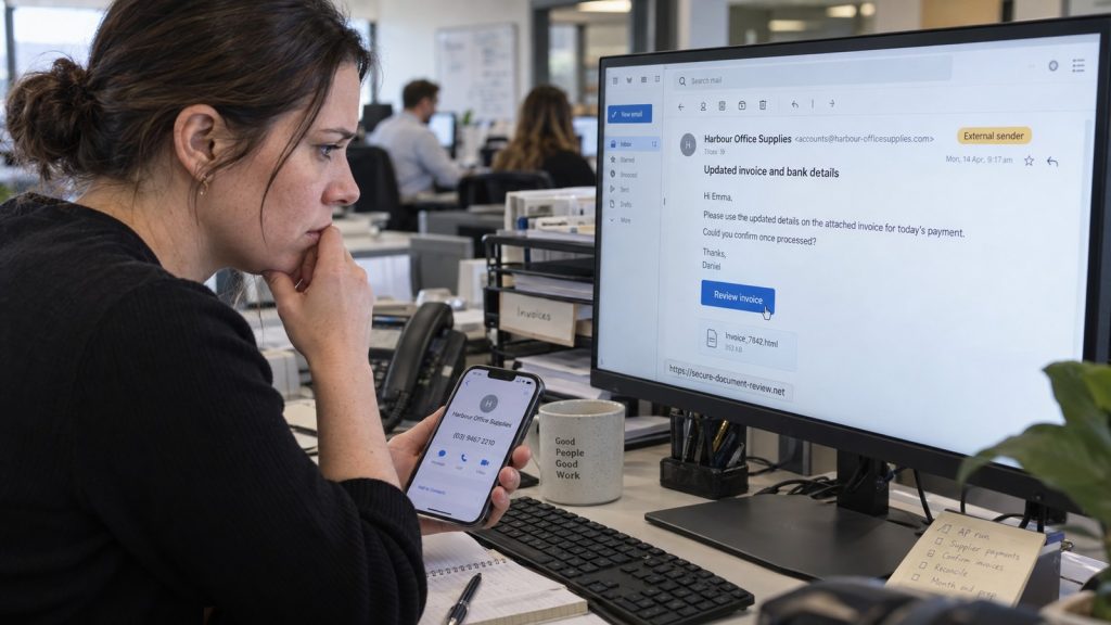 Accounts employee reviewing a suspicious supplier email before opening an invoice link