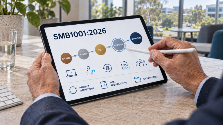 SMB1001 certification levels and business security outcomes displayed on a tablet